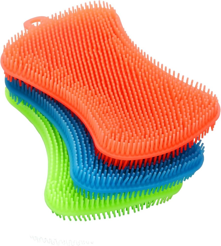 3PCS Food-Grade Silicone Dish Sponges in Blue Orange Green by OstWony
