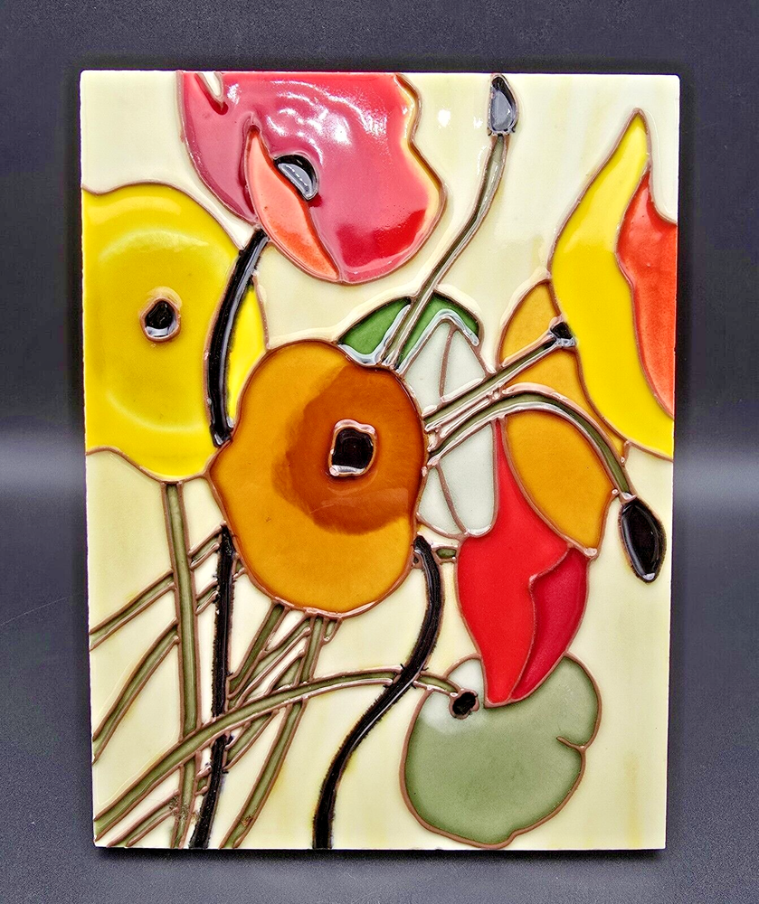 Vintage Ceramic Art Tile Wall Hanging w Red, Orange & Yellow Carved Poppies 6x8