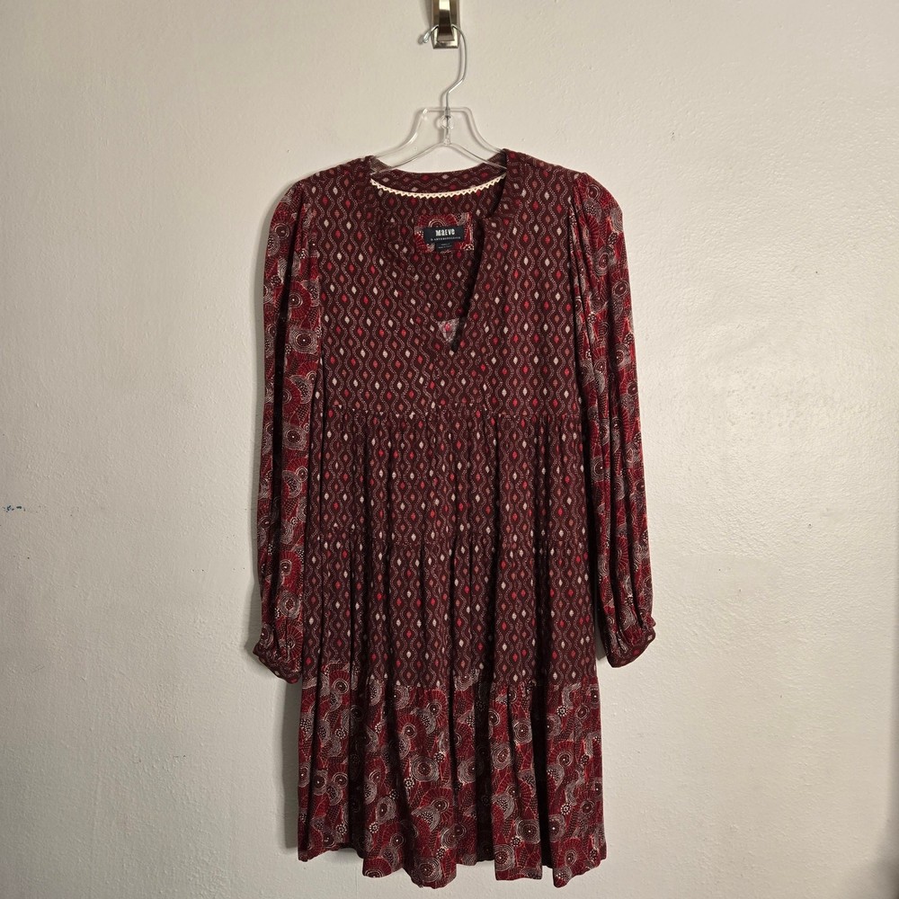 Maeve Anthropologie Amber Tiered Tunic Swing Dress XS Burgundy Boho Chic Western