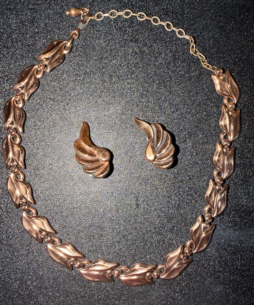 Renoir Vintage Copper Jewelry Set Necklace & Earrings Fashion Signed