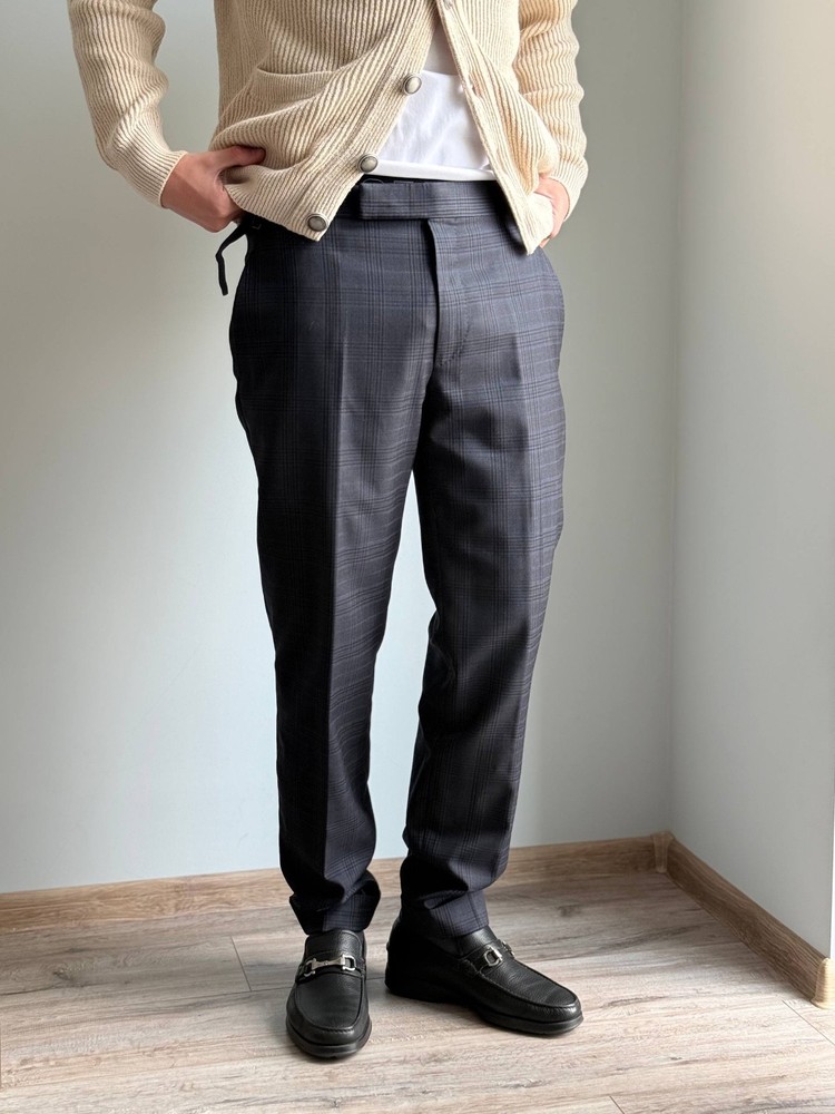 Tom Ford Tailored Blue Grey Check Wool Pants Side Adjusters Mens 50 it / 40R