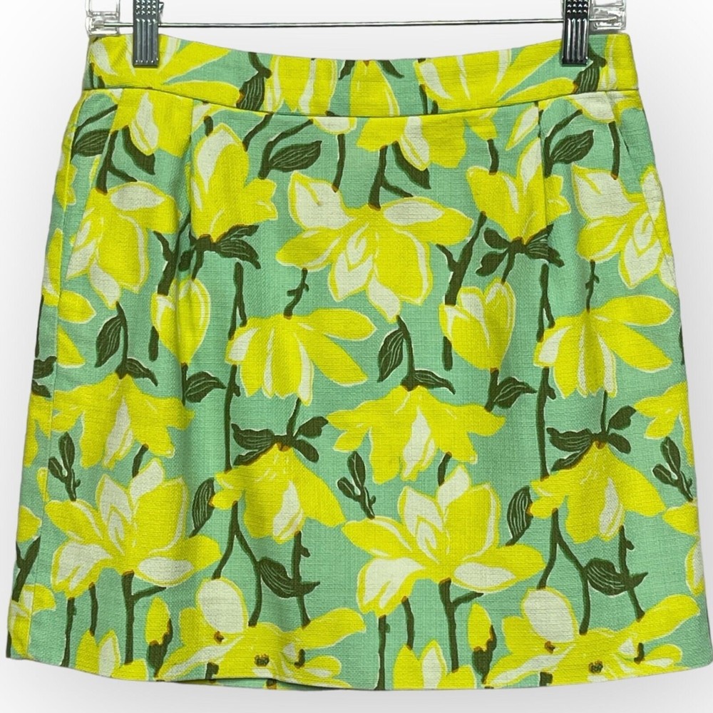 J.Crew Mini Skirt Women Size 4 Yellow Floral Lined Back Zip 100% Cotton Pockets