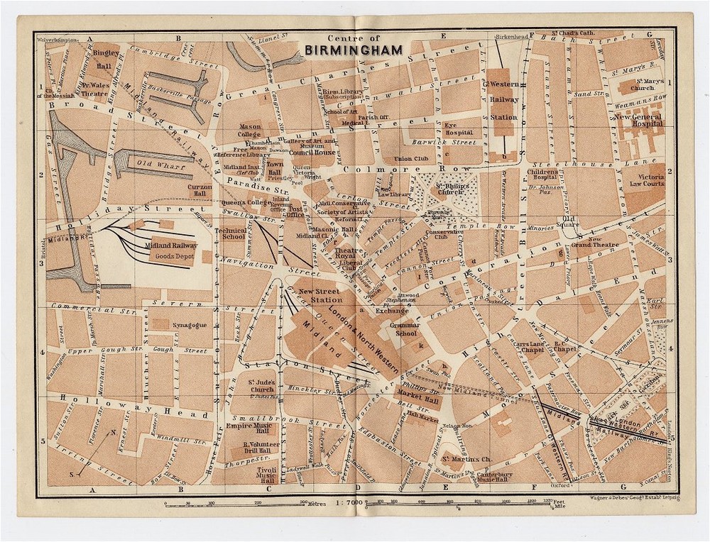 1906 Original Antique City Map Of Downtown Birmingham / England