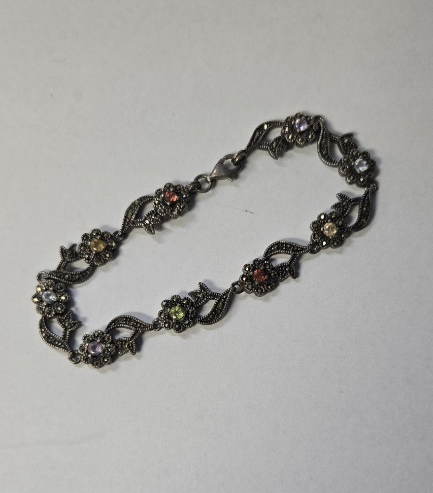 Sterling Silver Garnet Citrine Peridot Topaz Amethyst Marcasite Flower Bracelet