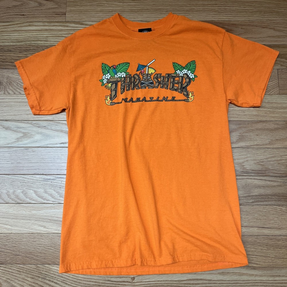 Thrasher Magazine Shirt Mens Medium Orange Skate Tiki Short Sleeve Spell out