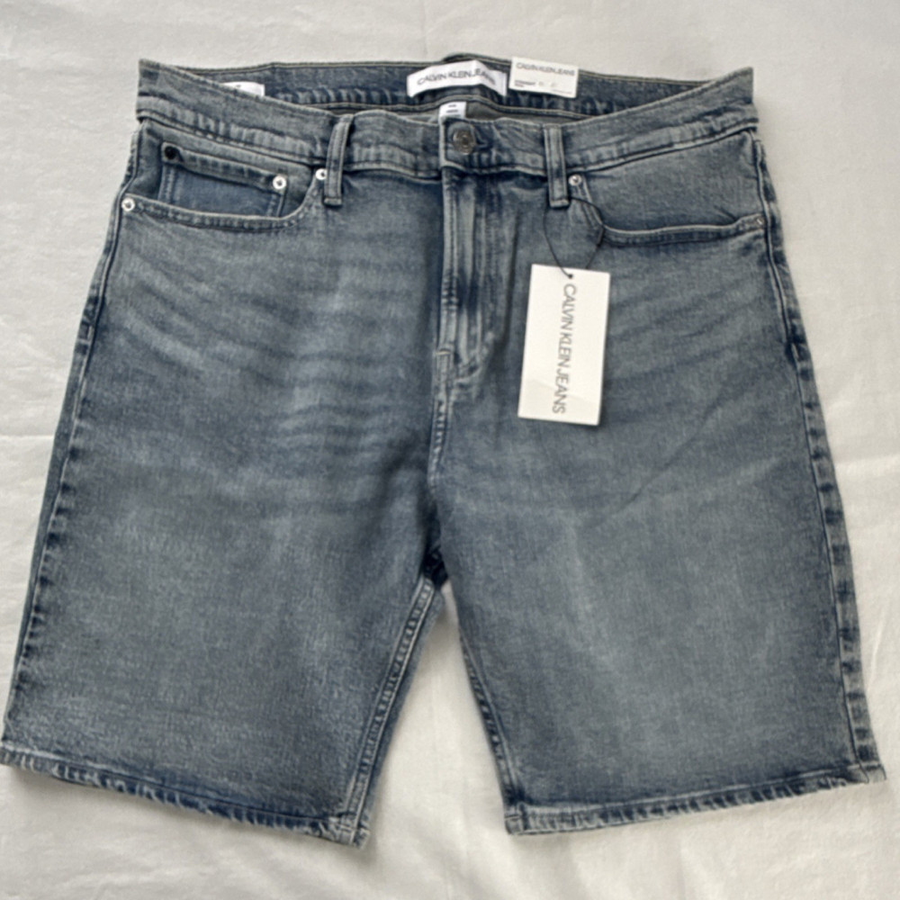 Calvin Klein Jeans Straight Fit Blue Denim Jean Shorts Logo Button Pockets