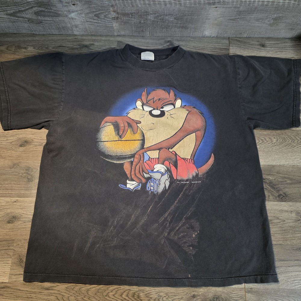 Vintage 90s Taz Make The Rules Basketball Looney Tunes T Shirt Size XL Black AOP