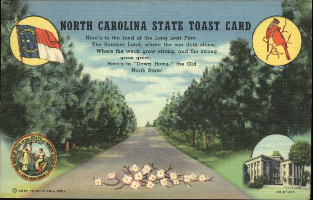 North Carolina State Toast Seal Flag Capitol Cardinal linen postcard sku745