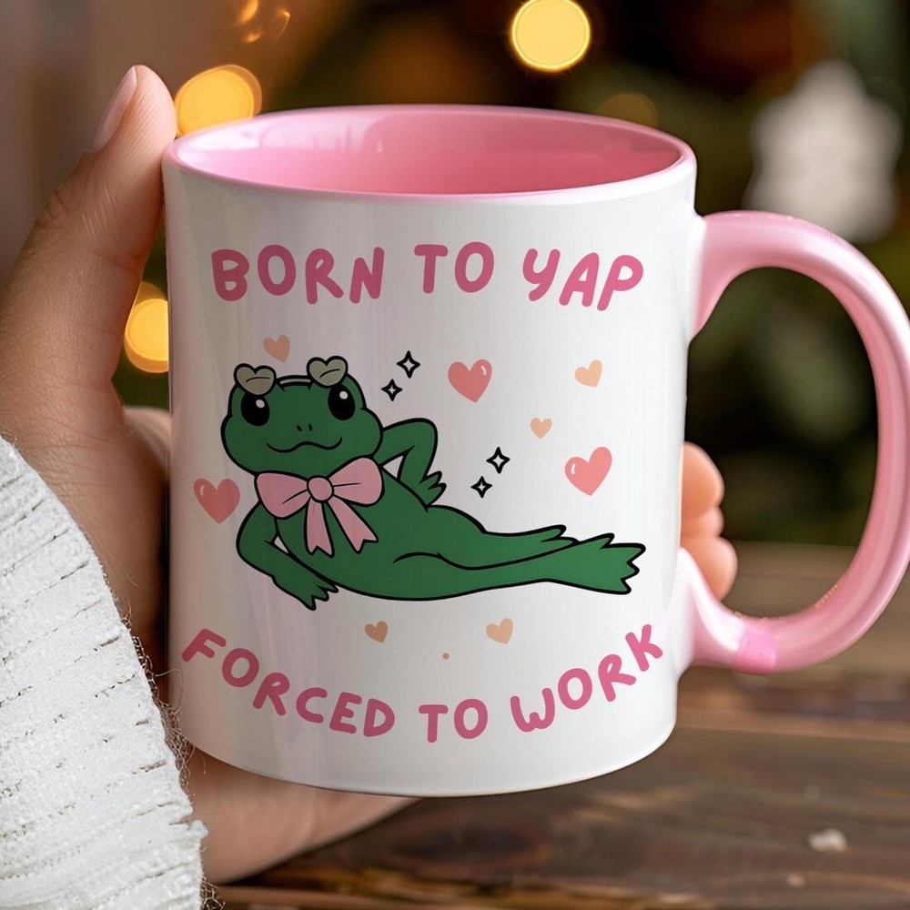 Born to Yap Forced to Work Mug, Funny Frog Coffee Cup, Tiktok Viral