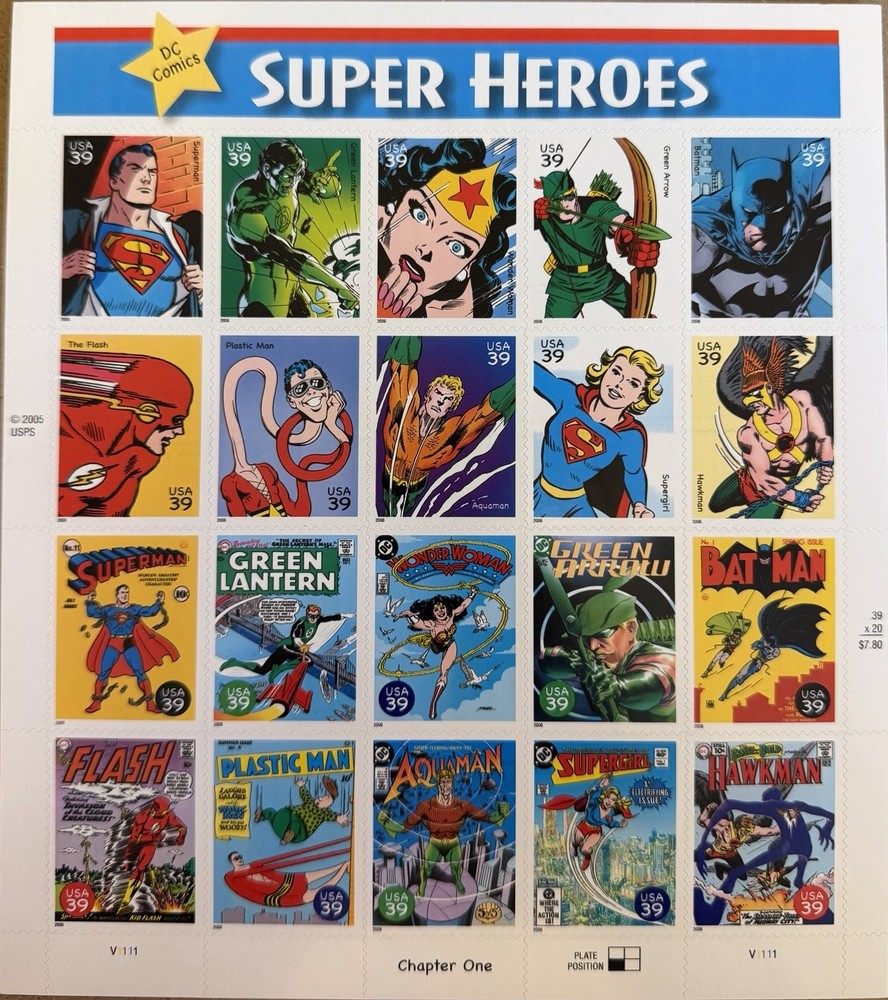 SUPER HEROES DC Comics Pane of 20 DIFFERENT IMAGES USPS stamps MNH 2006 39-cent