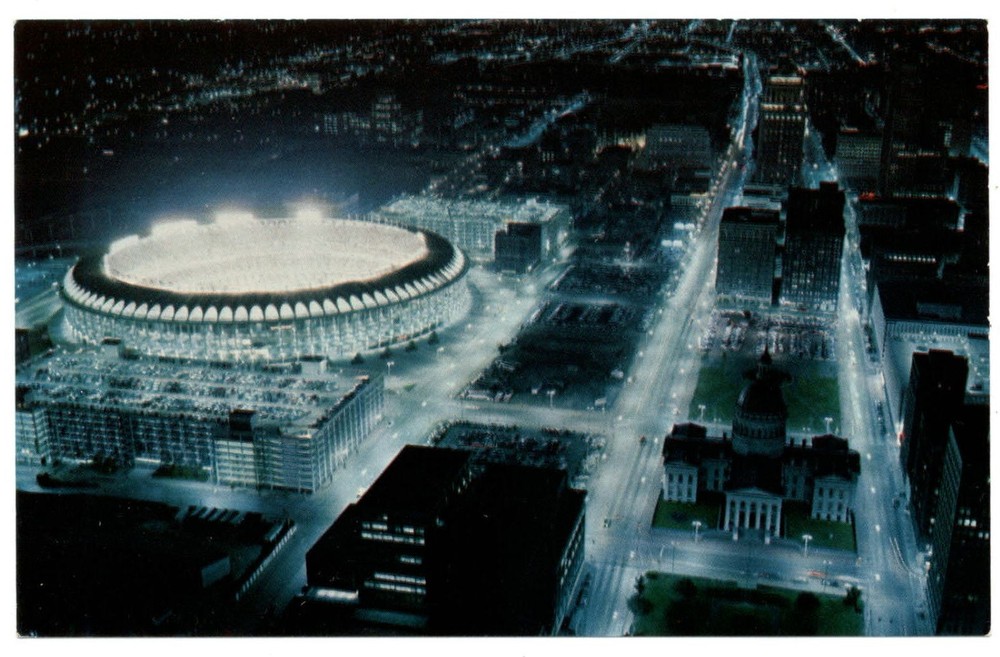 St Louis Missouri Busch Stadium county courthouse night aerial vintage postcard