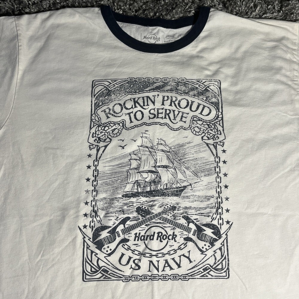 U.S. Navy “Rockin’ Proud To Serve” Hard Rock Cafe Ringer T Shirt Men’s XL EUC