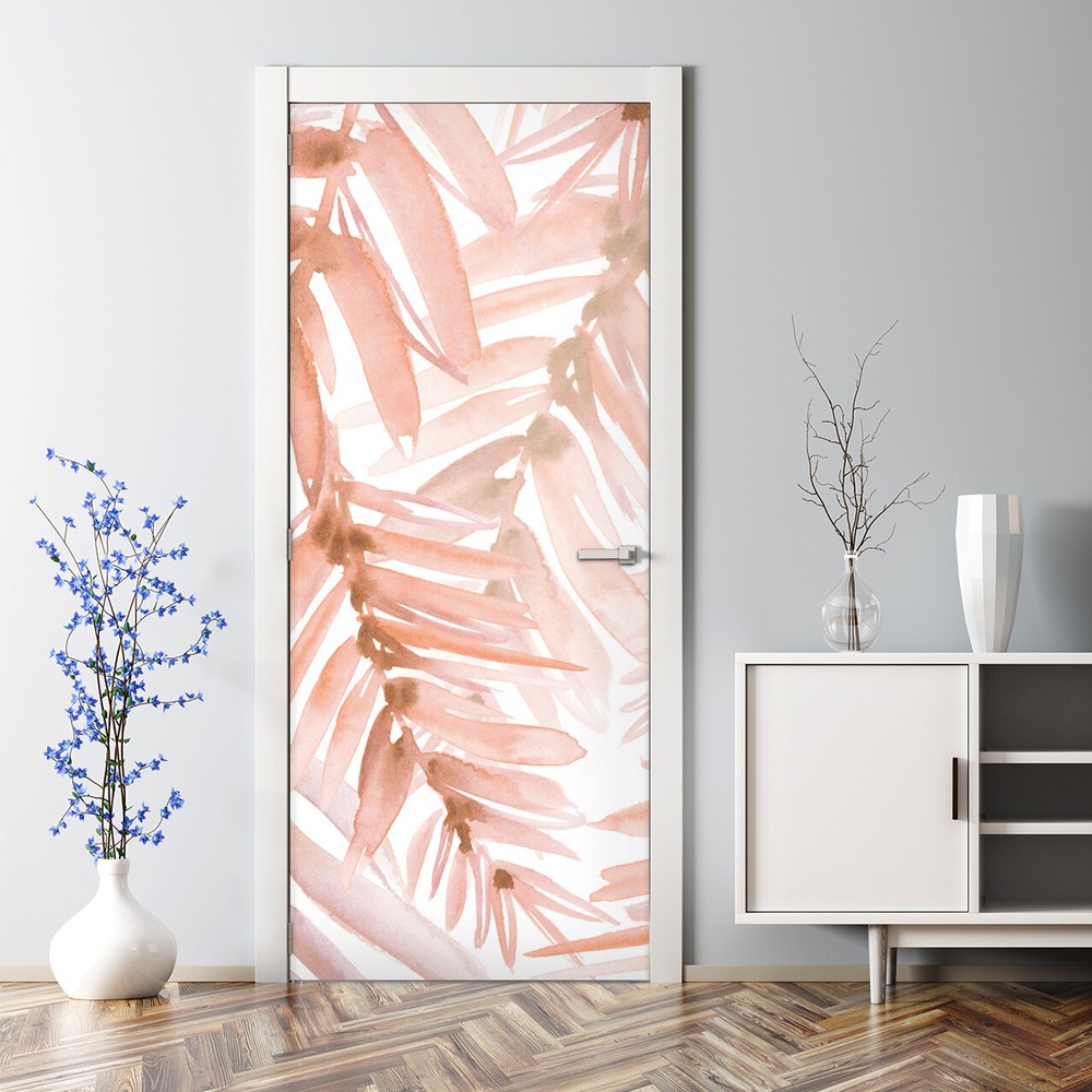Pale Soft Leaves Bubble Free | Painted bright leaves | Repositionable Door Decal