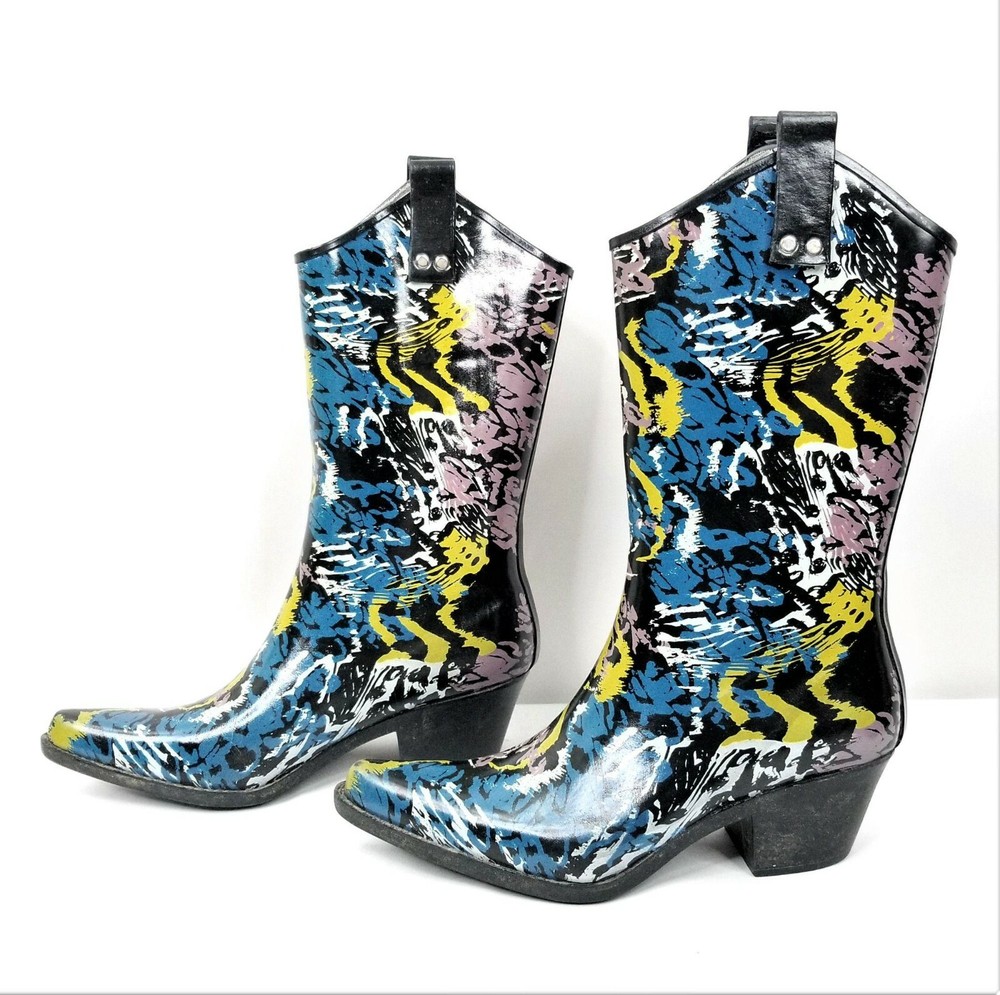 Nomad Womens Rubber Rain Boots Size 6 Blue Black Yellow Abstract Puddle Fashion-image