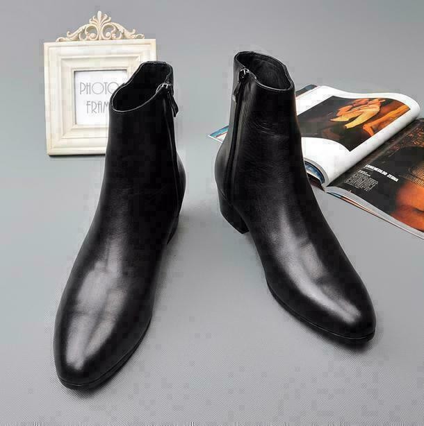 Men's Black Chunky Chelsea Boots with Cuban Heel & Zip Detail