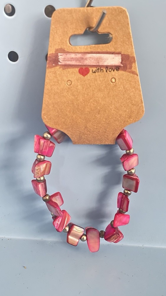 Pink Shell Beaded Stretch Bracelet Silver Tone Spacers Pink Elastic Boho