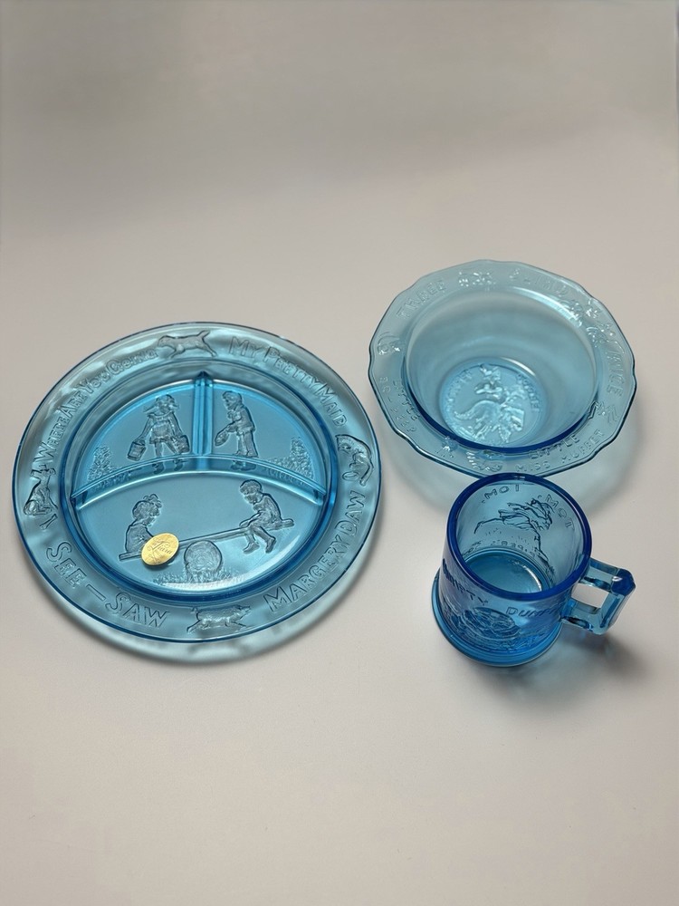 Vintage Tiara Glass Blue Nursery Rhyme 3 pc. set of Children's Embossed Dishes