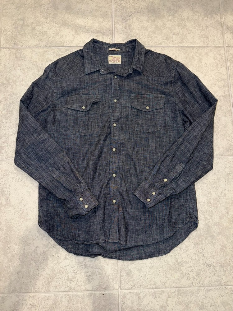 Lucky Brand Pearl Snap Shirt Mens XL Blue Chambray Long Sleeve Classic Fit