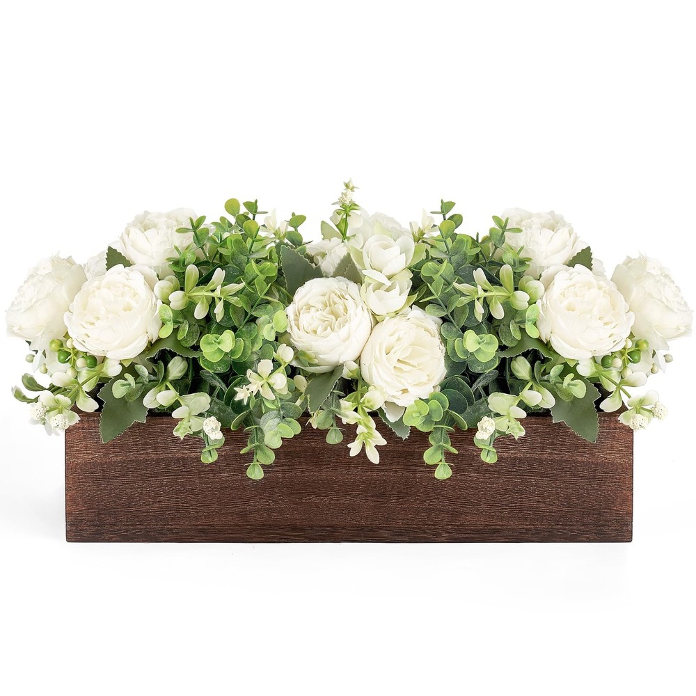 Artificial Flower Centerpiece Farmhouse Table Decor White Rose Wood Box Set