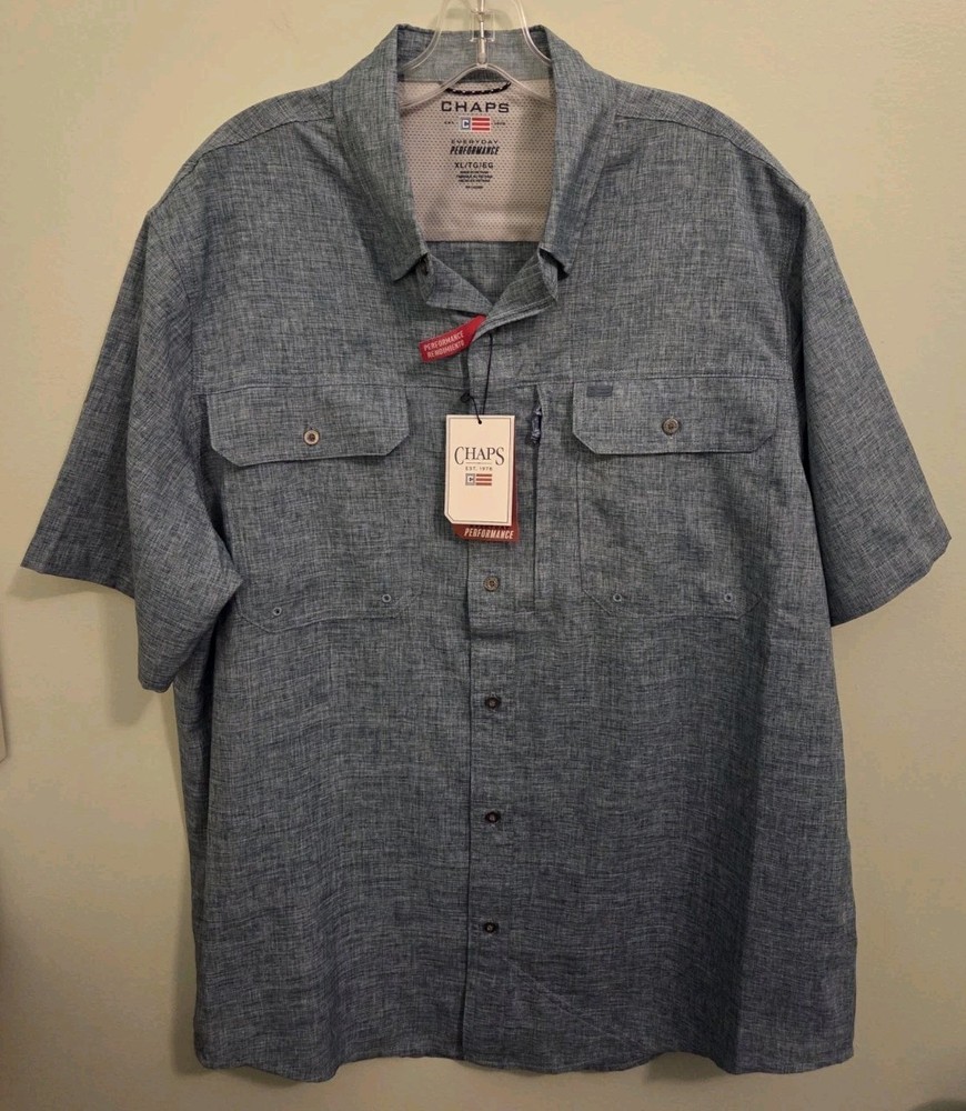 Chaps Men's XL Short Sleeve Performance Woven Shirt BLUE Tech Chambray #10726