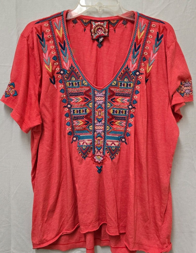 Johnny Was Womens Size XL Coral Short Sleeve Top Embroidered V Neck Boho Blouse