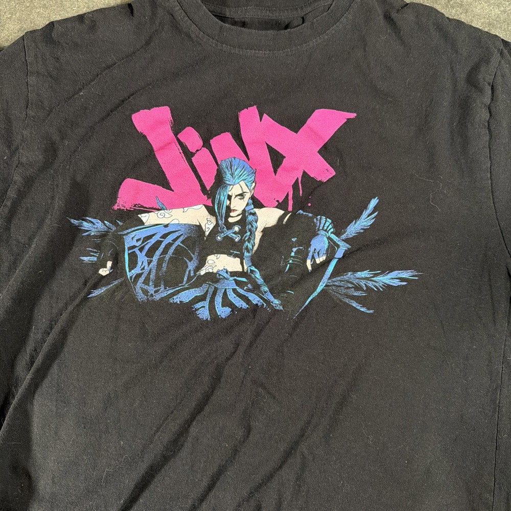 Jinx Arcane League of Legends Black Graphic T-Shirt Size M Riot Games Gamer Tee