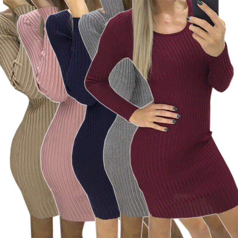 Women's Bodycon Knit Sweater Dress Casual Slim Long Sleeve One Piece Mini Jumper