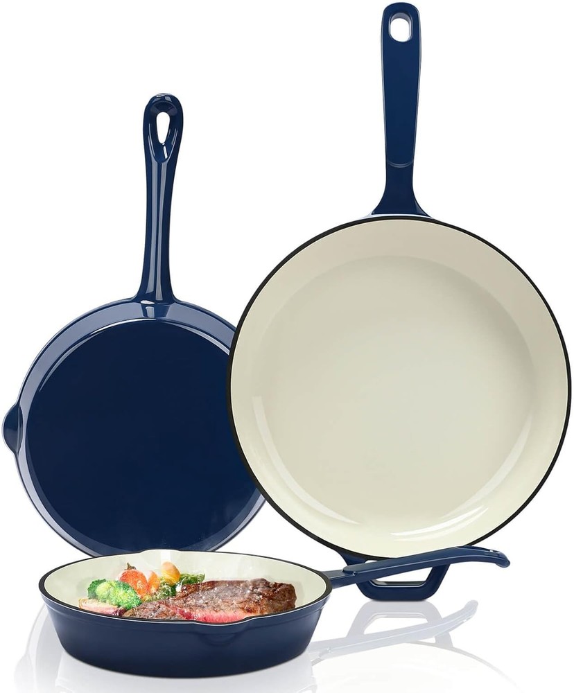 Hisencn Enameled Cast Iron Skillet Set - 3 Piece Ceramic 3 Pieces, Navy Blue
