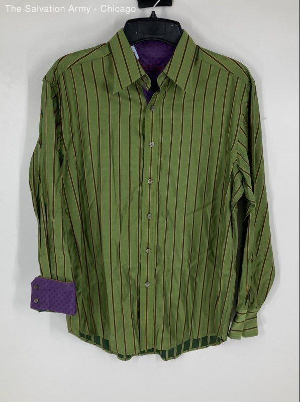Robert Graham Mens Green Striped Long Sleeve Button-Up Shirt Size Large