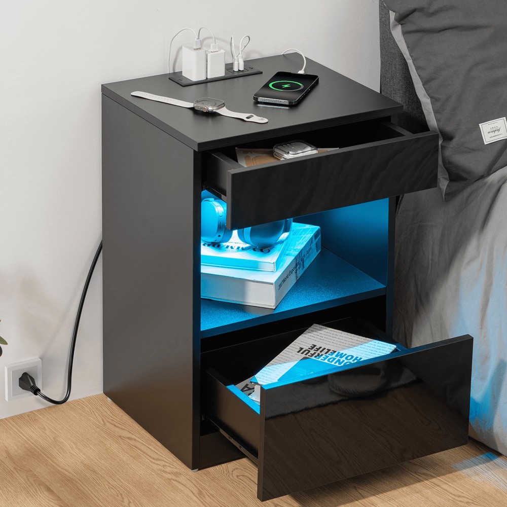White High-Gloss Nightstand with USB Ports AC Outlets RGB LED Easy Assembly
