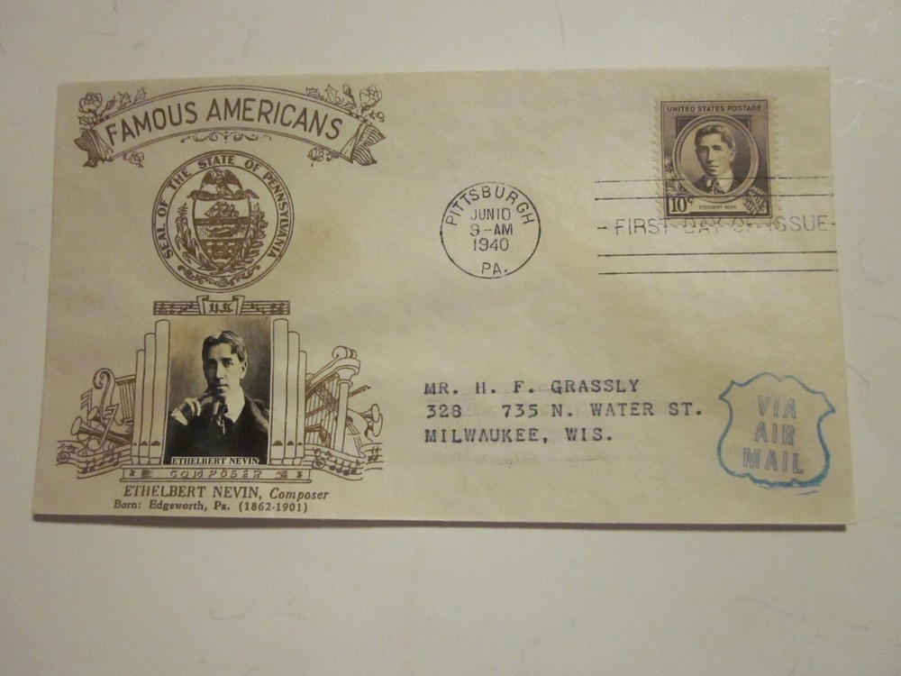 US FDC 883 Ethelbert Nevin Composer Crosby Photo Cachet Airmail Cover