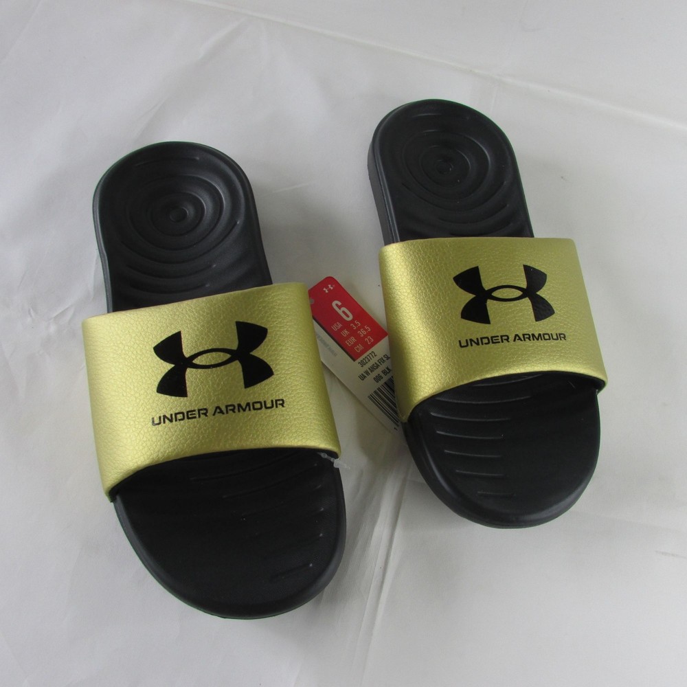 New With Tags Under Armour Ansa Slide Sandals Womens Size 6 Gold Black