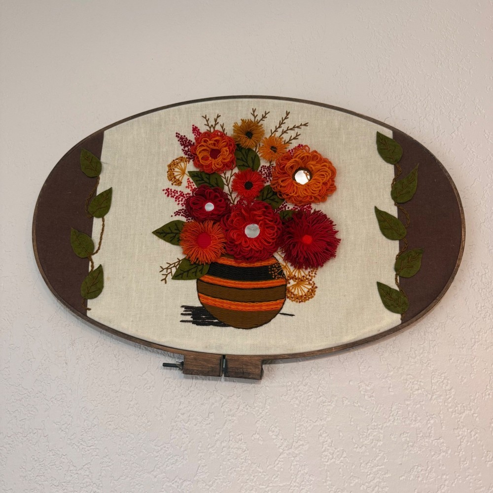 Vintage Crewel Embroidery Wall Art 3D Yarn Flowers Oval Frame 24x18 Boho