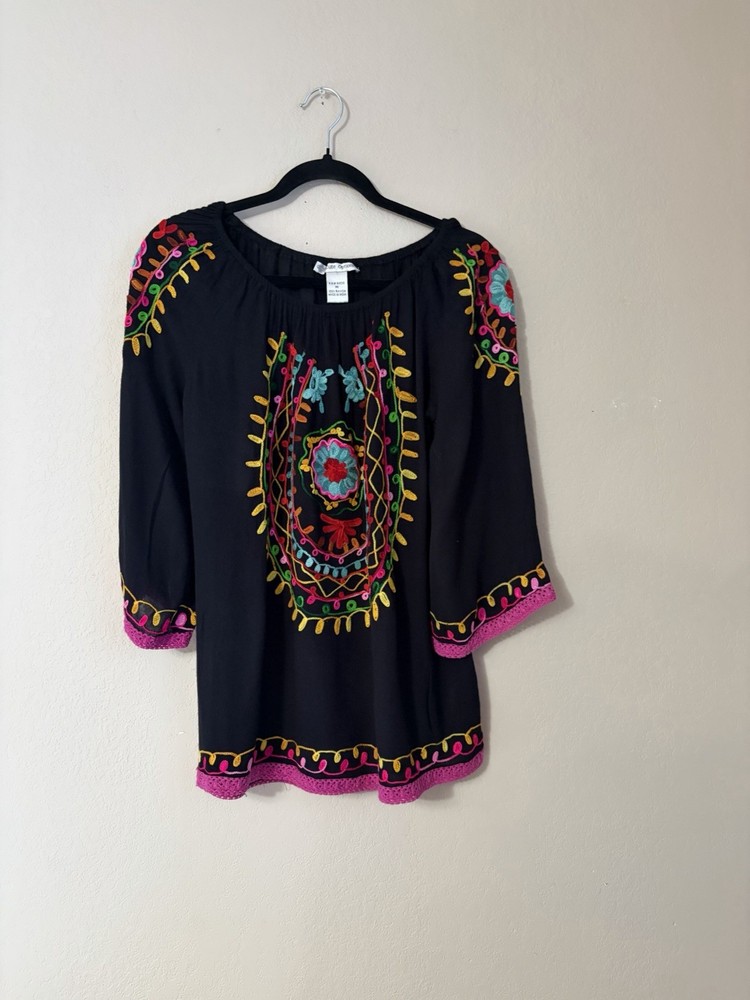 Cute Options Black Embroidered Boho Tunic Top Floral Peasant Blouse Size M