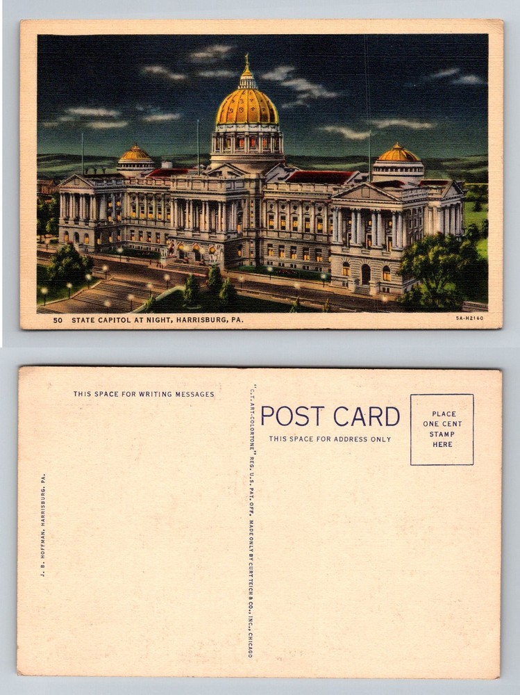 Harrisburg, PA-Pennsylvania, State Capitol Dome Night Lights Vintage Postcard