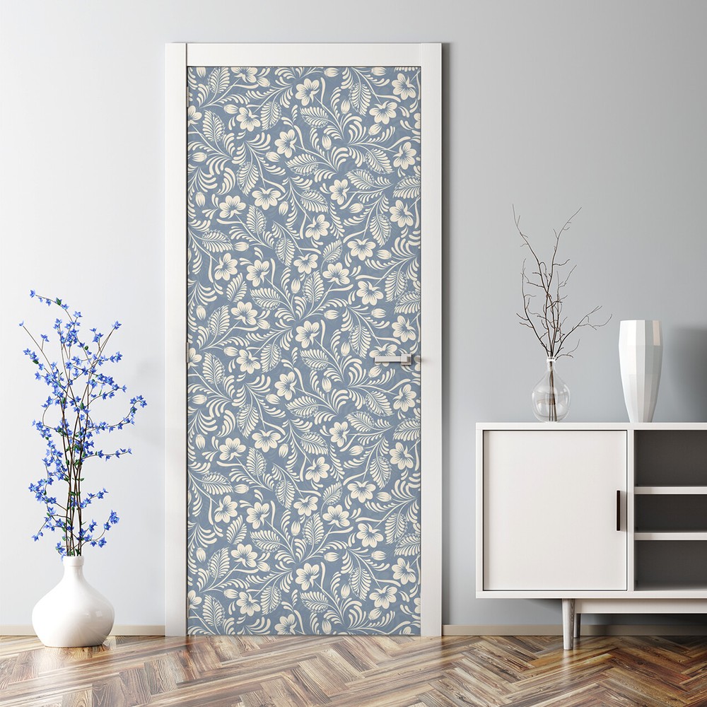 Folk blue ornament Bubble Free Door sticker blue and grey Decal photo mural