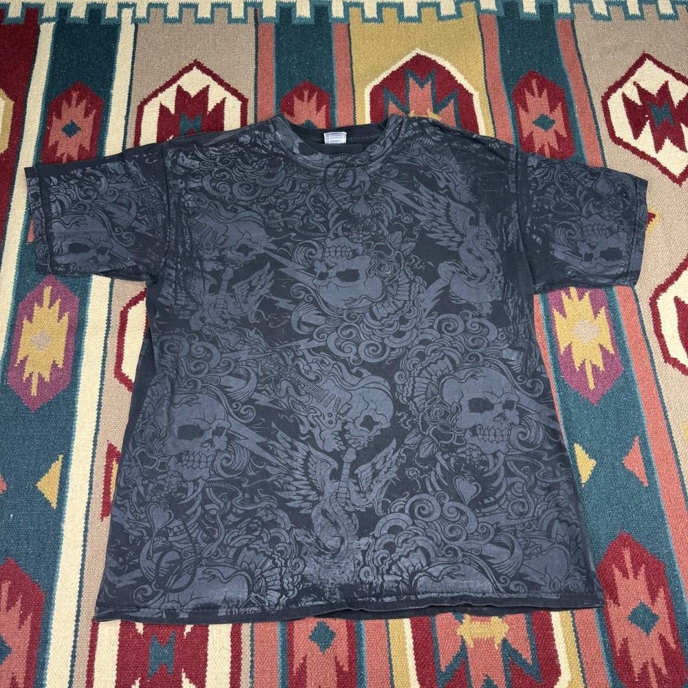 Vintage Skull All Over Print T-Shirt Size XL Y2K Guitar Lightning Skater Grunge