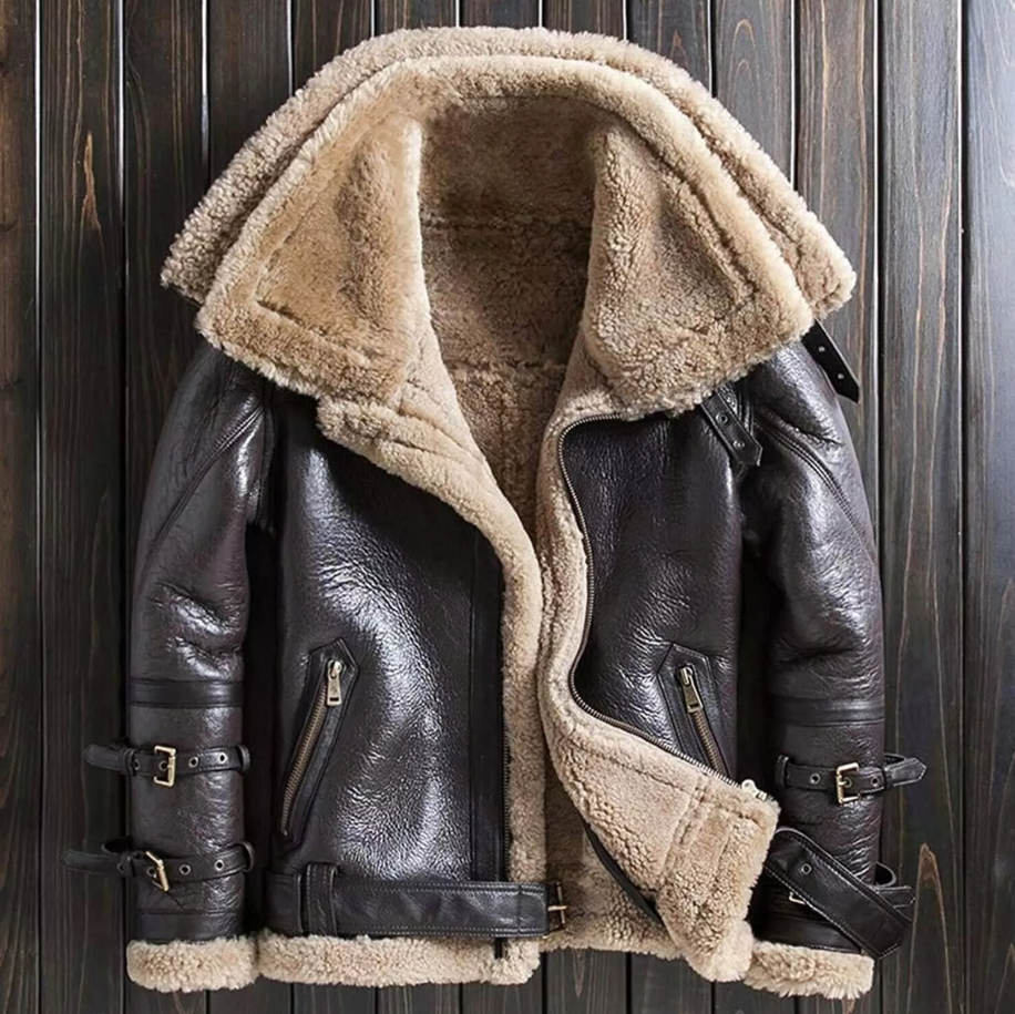 Women's Aviator RAF Bomber Flying leather Jacket Double Collar Faux Fur Coat N9