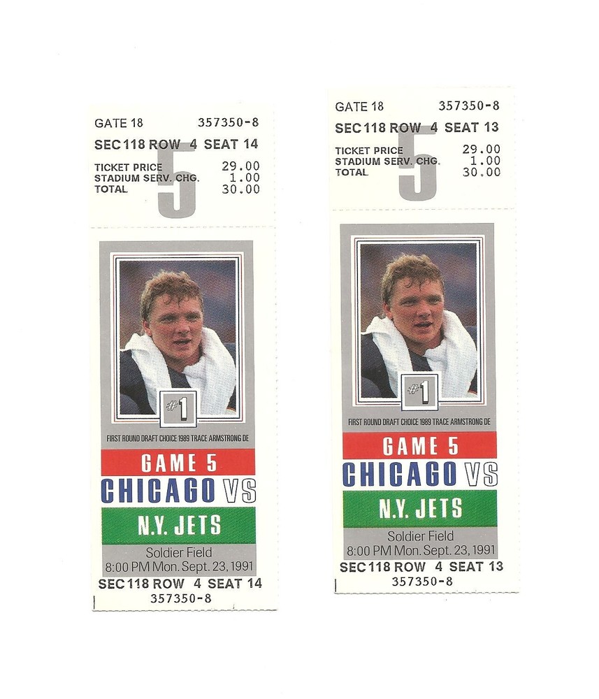 Chicago Bears vs New York Jets Unused Football Tickets From 9/23/1991