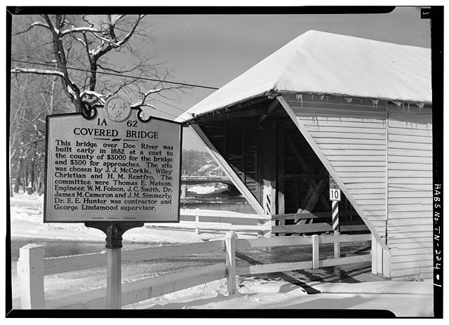 1. EXTERIOR, WEST ENTRANCE SIGN - Elizabethton Covered Bridge, Hattie Avenue,