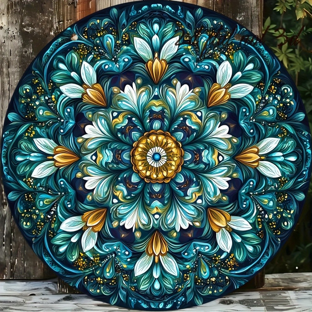 Turquoise Blue Golden Mandala Floral Round Aluminum Wall Decor