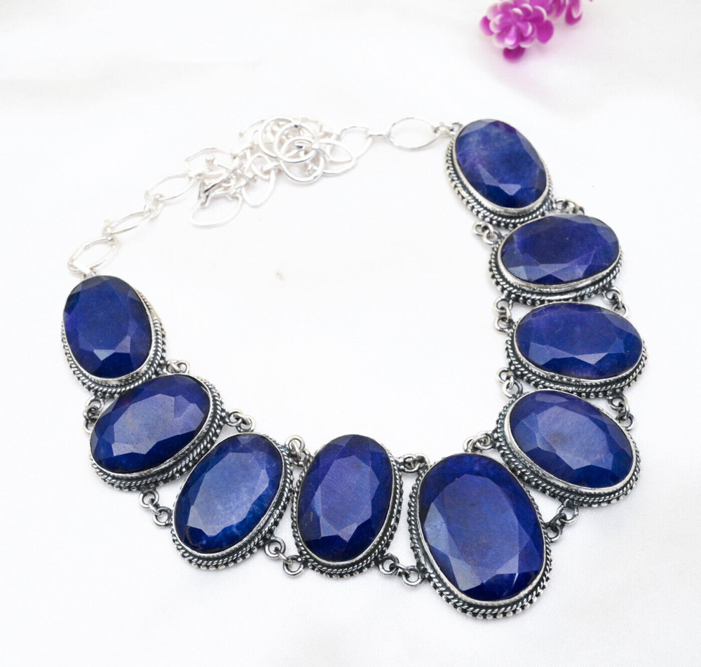 Blue Sapphire Lab-Created Gemstone Necklace Handmade 925 Sterling Silver Jewelry