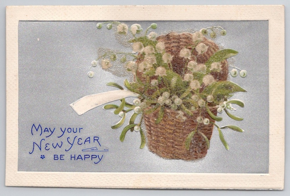 Embossed New Year Postcard Lily of the Valley Basket Made in Germany c1910