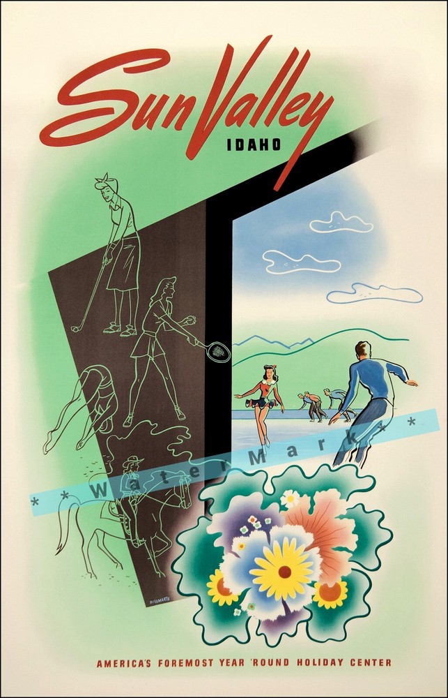 1950s Sun Valley Idaho Vintage Ski Poster Retro Winter Sports Art