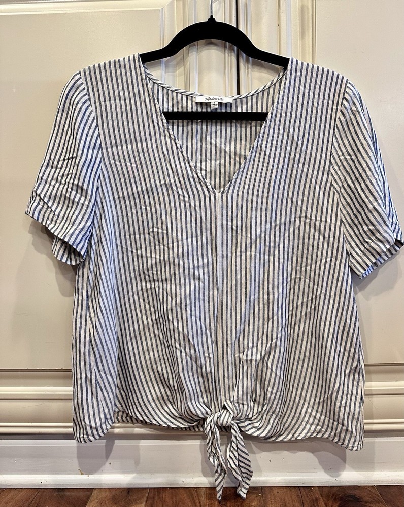 Madewell Blue White Stripe V-Neck Tie Front Top Women’s Size Small