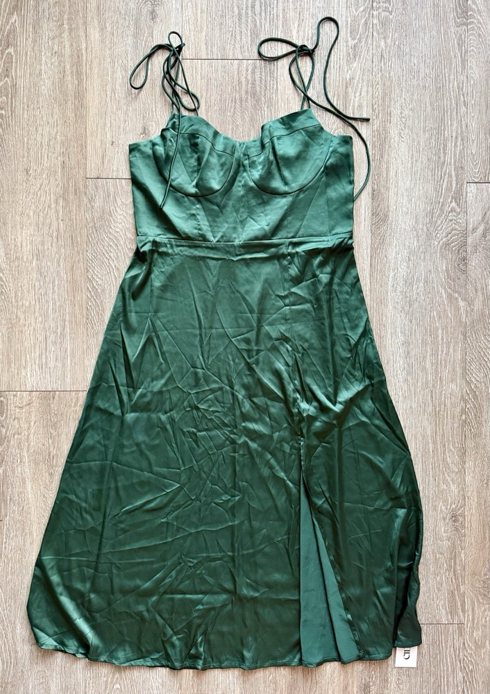 Cider Women's Green Satin Unlined Slit Dress XL NWT