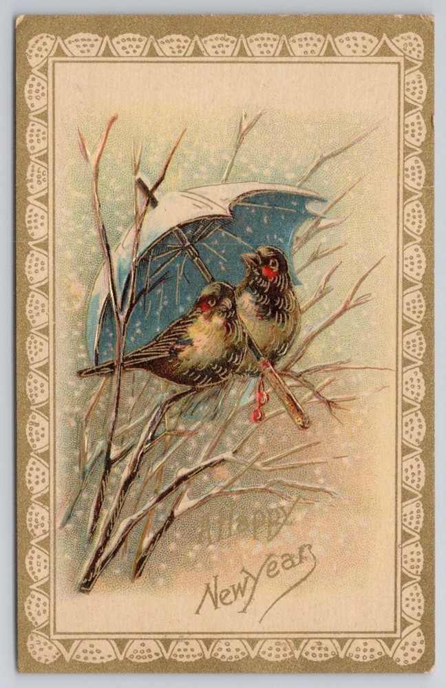 Embossed Happy New Year Postcard Birds Under Umbrella Winter Scene Vintage