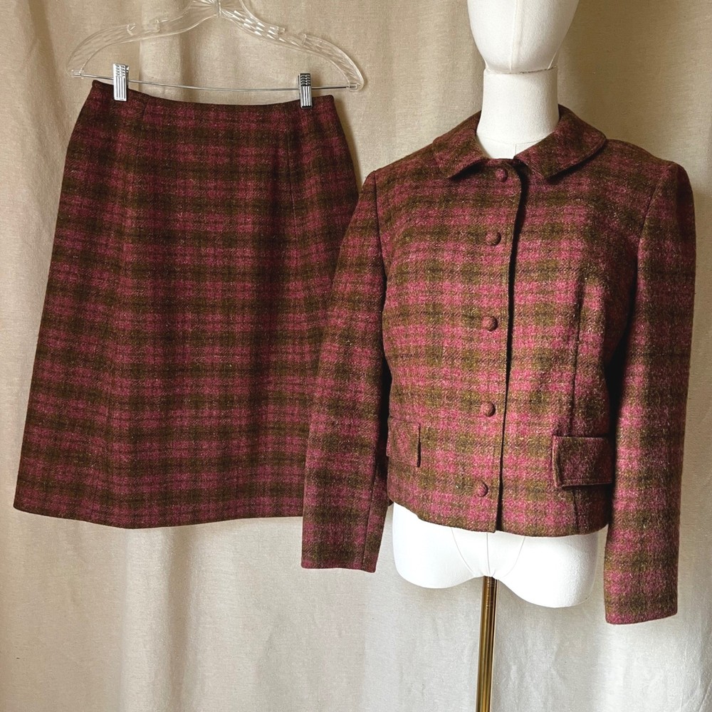 Vintage Pendleton Pink Brown Plaid Wool Jacket Skirt Suit Set XS-S