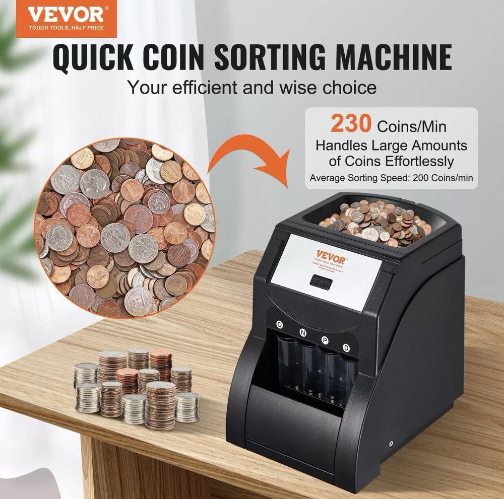 VEVOR USD Coin Sorter Black Holds 200 Coins Coin Sorter Machine