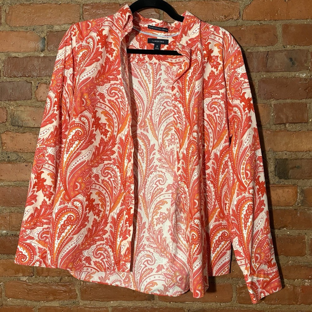 Lands' End Shirt Women's 12 Pink White Orange Paisley Button Up Long Sleeve